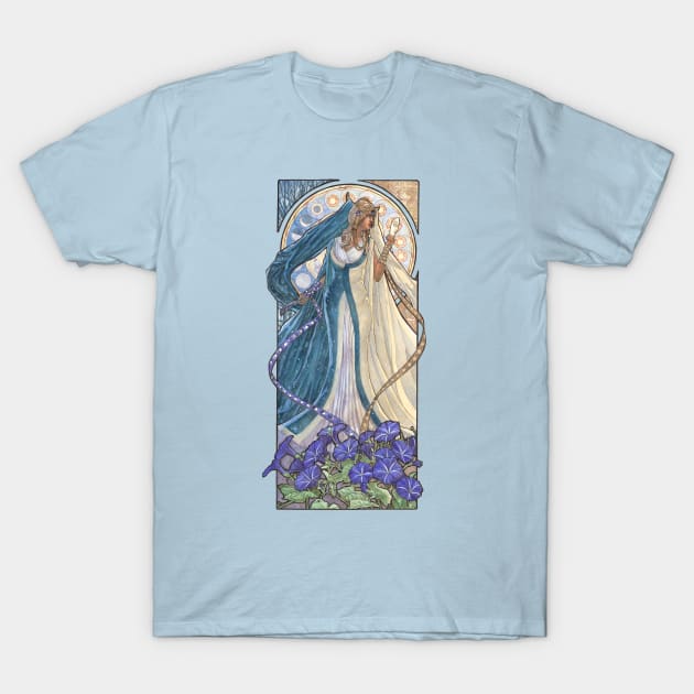 Lady of September with Sapphire and Morning Glories Celestial Moon and Sun Goddess Mucha Inspired Birthstone Series T-Shirt by angelasasser